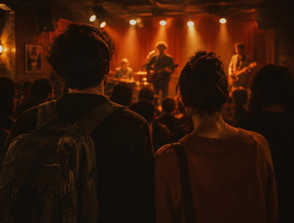 Two students seen from behind, watching a band in a small warmly lit venue