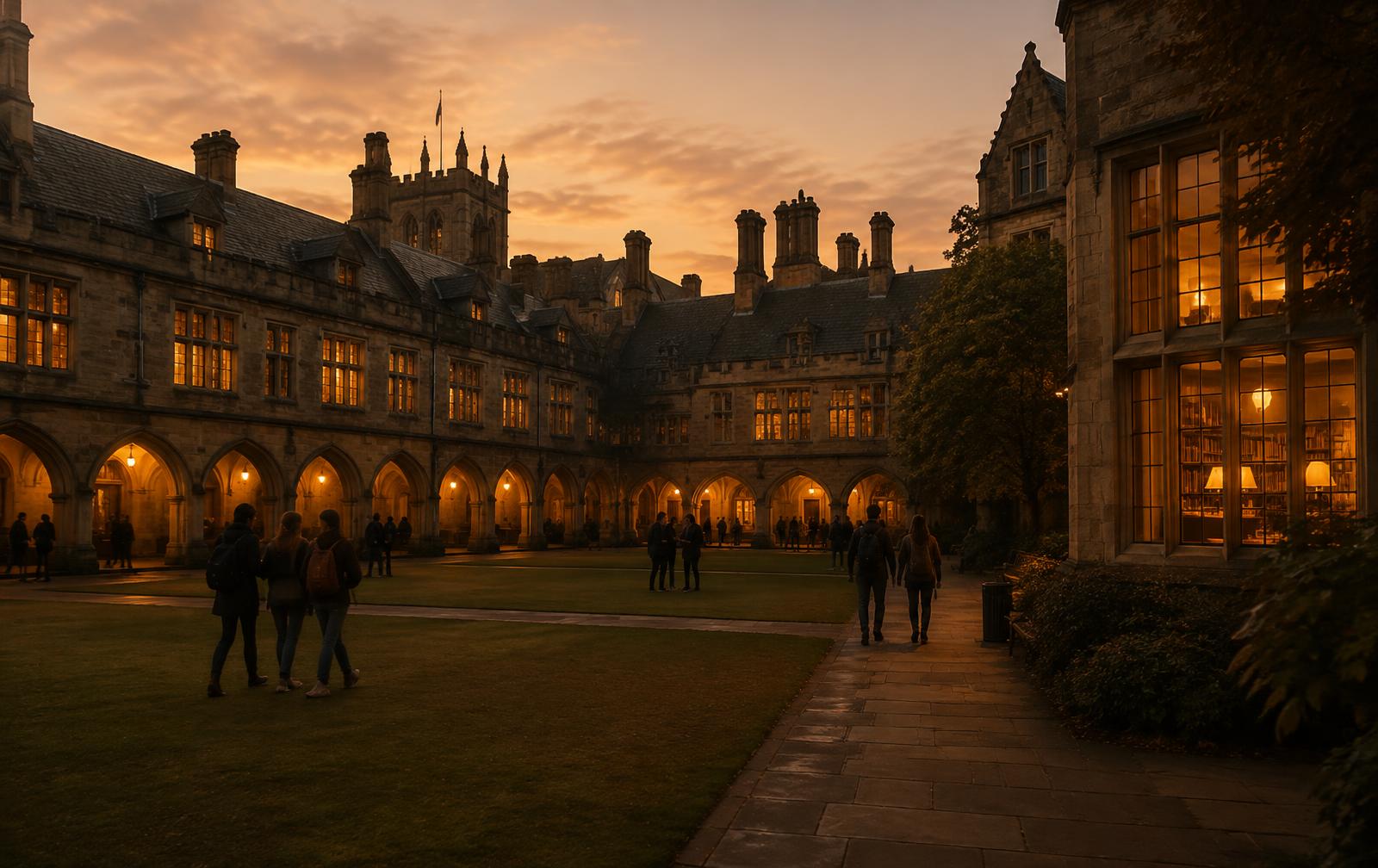 A university quadrangle at dusk, students walking in small groups under warm lamplight